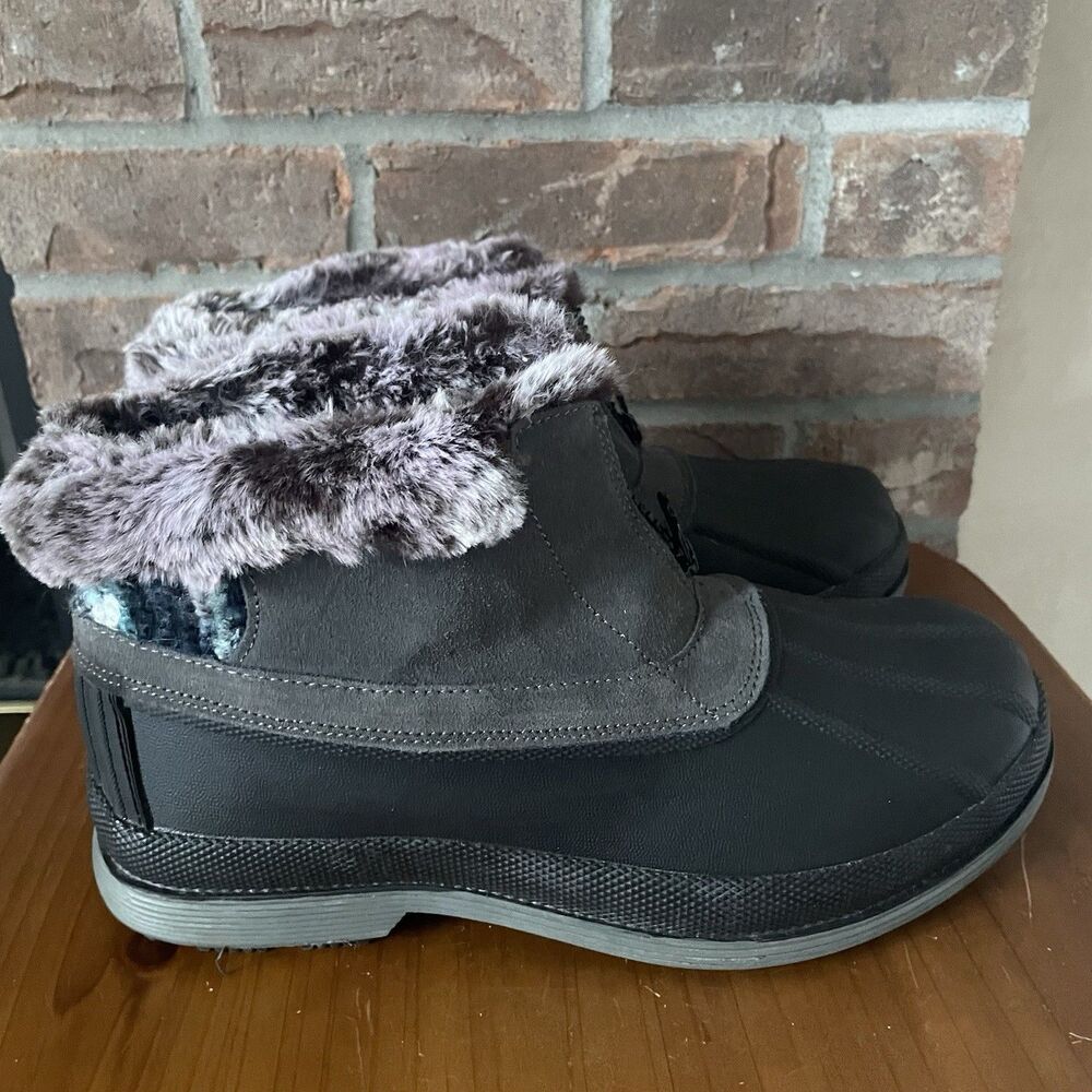 Propet Lumi Womens Boots Sz 9 XX 4E Wide Gray Ankle Zip Waterproof Faux Fur Duck